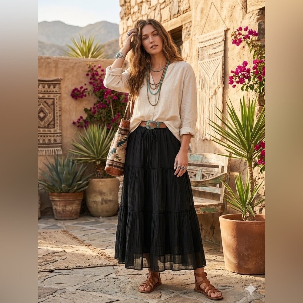 Cotton Boho Tiered Maxi Skirt black boho hippie lightweight sz 3XL summer beach